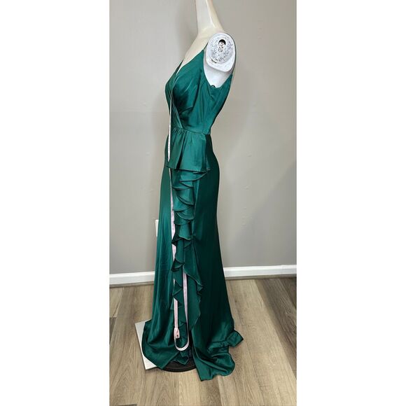 Mac Duggal Green Satin Ruffled Asymmetrical Gown US 4 $338 - Picture 5 of 8